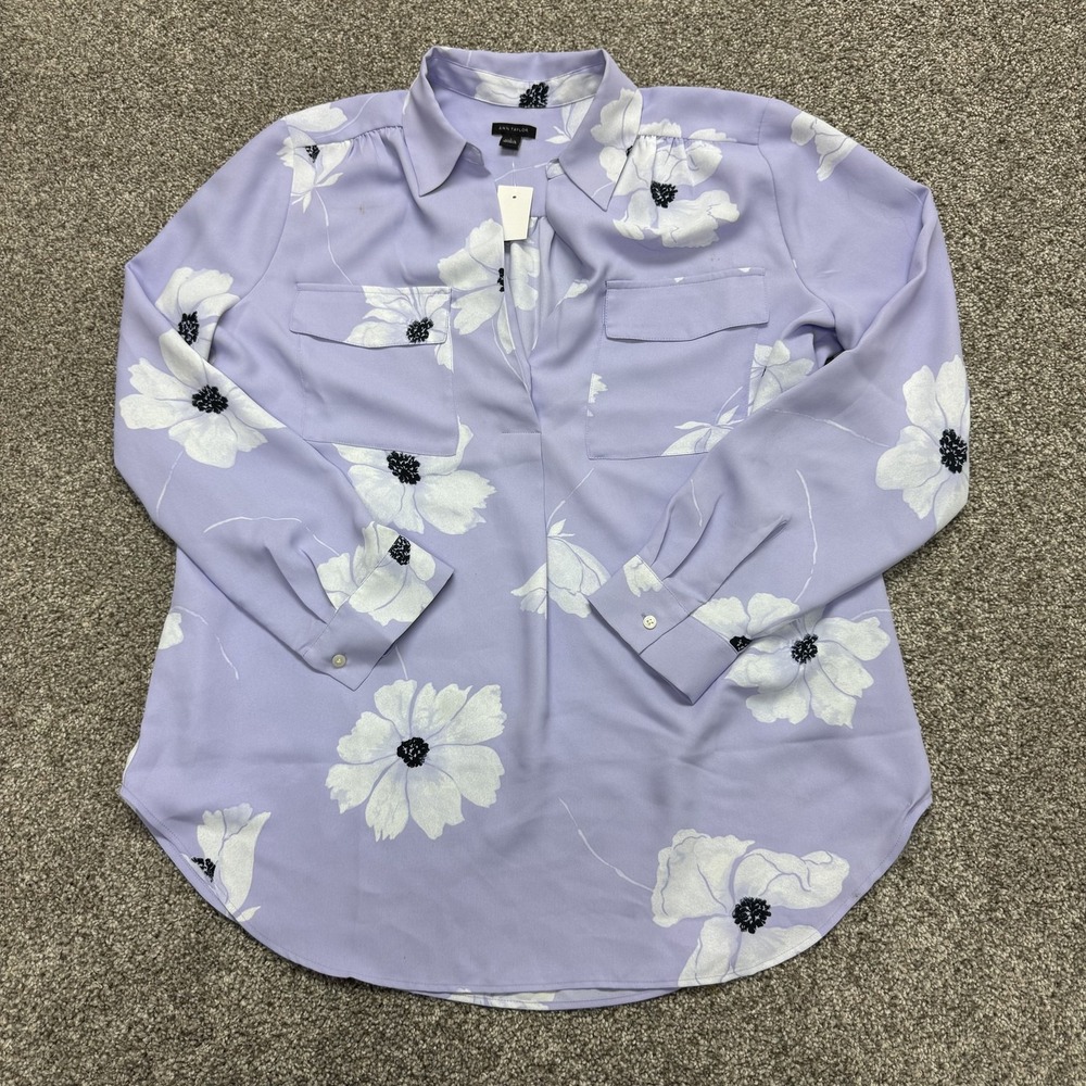 Ann Taylor Blouse Womens L Purple Floral Button Front Long Sleeve Tunic Top